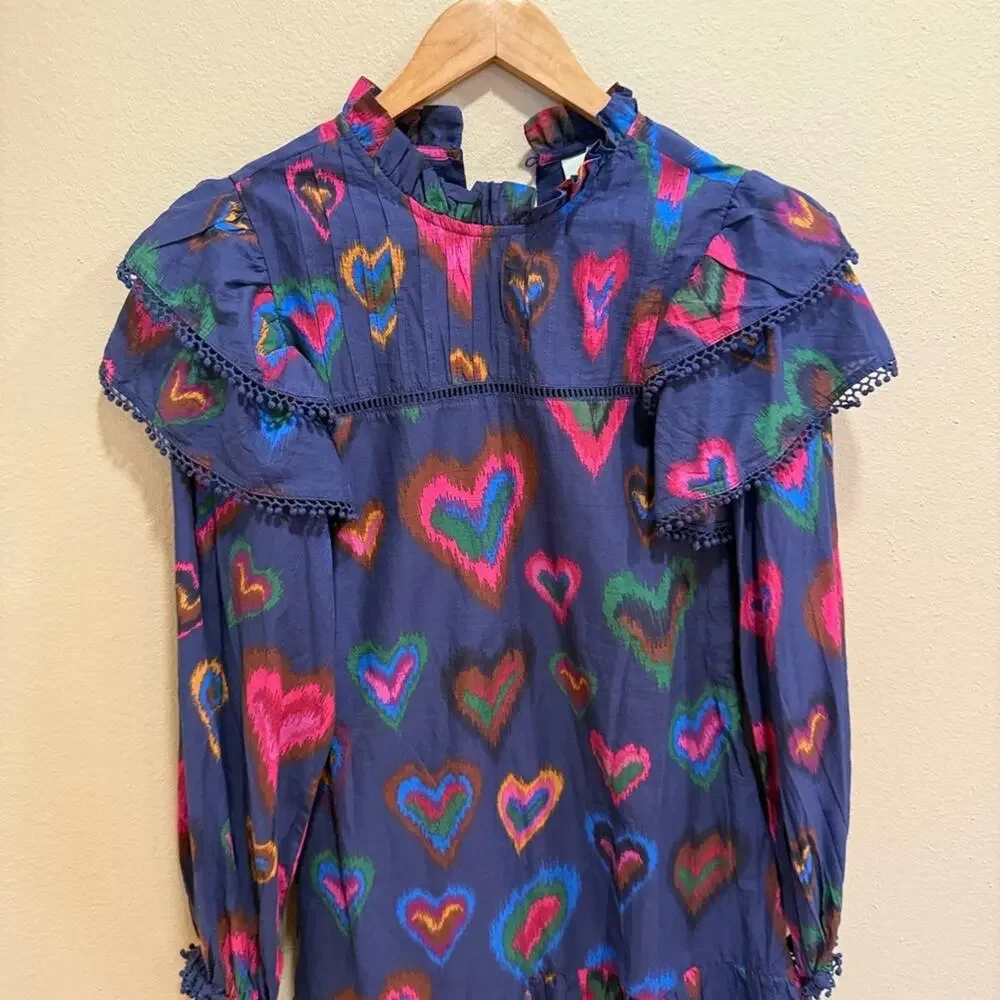 Farm Rio Blue Pink Beaded Tassled Hearts Long Sleeve Mini Dress XS
